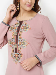 Dusty Pink Thread Work Woollen Kurti For Women With Brooch
