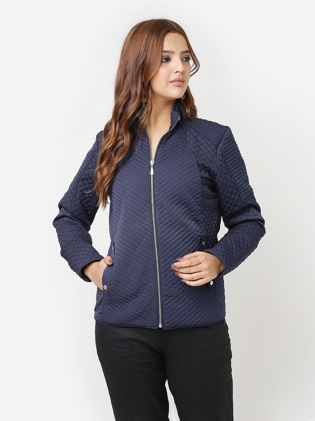 Navy Blue Quilted High-Neck Jacket For Women