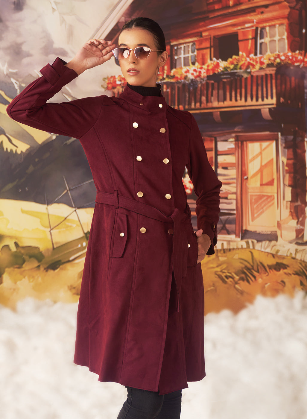 Bella Tan Monochrome Suede Long Coat For Women