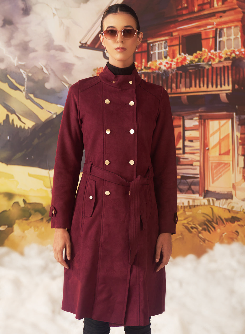 Bella Tan Monochrome Suede Long Coat For Women