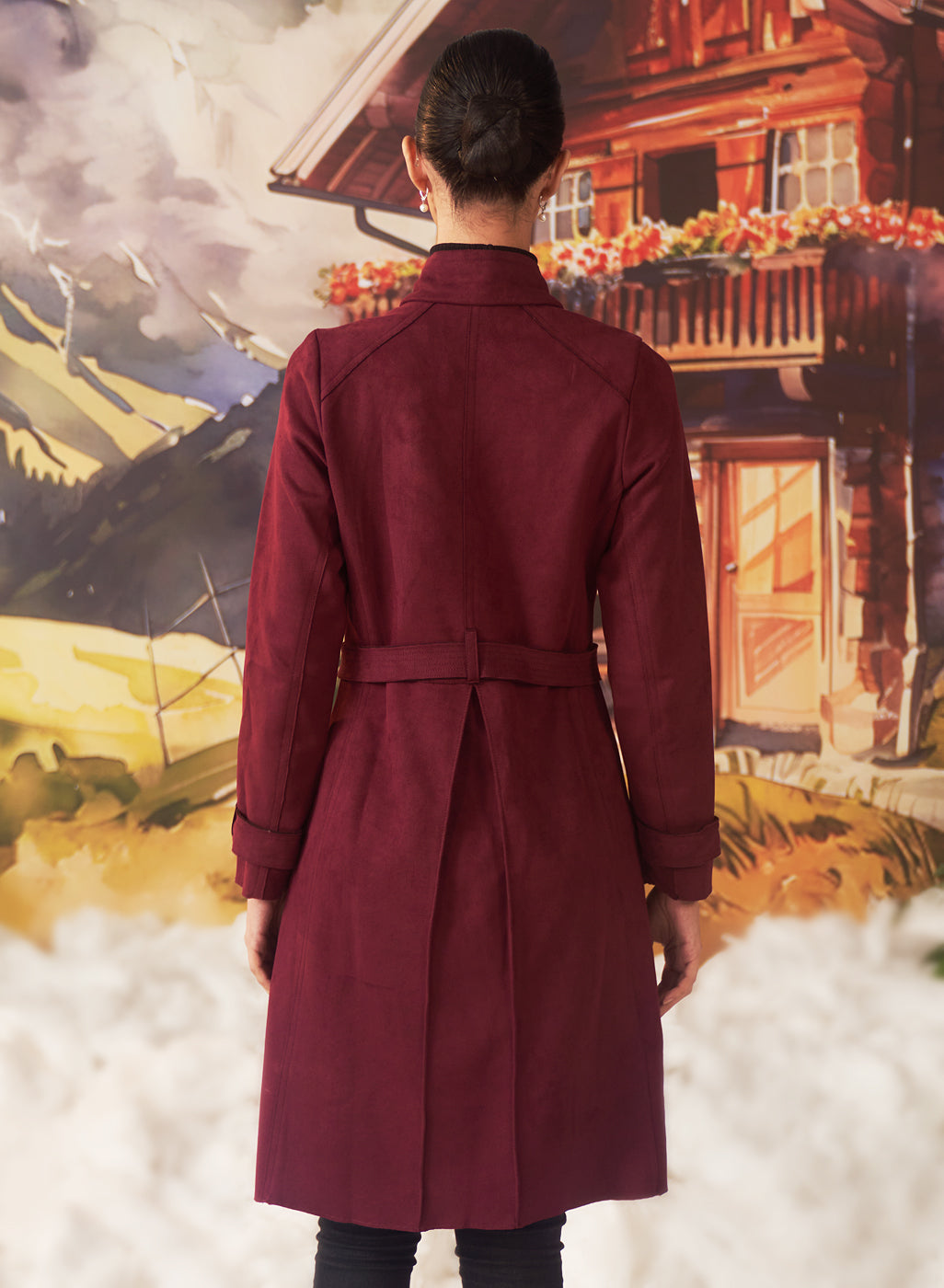 Bella Tan Monochrome Suede Long Coat For Women