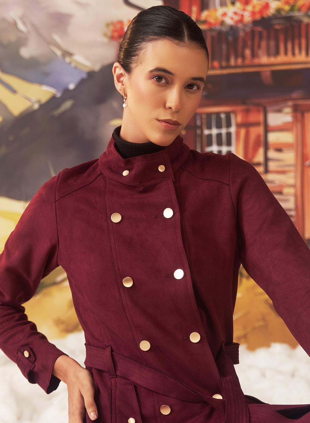 Bella Tan Monochrome Suede Long Coat For Women