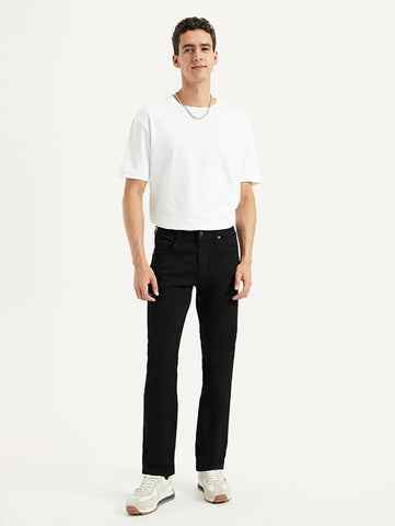 Levi's men's black slim fit mid-rise jeans, showcasing the front view with classic five-pocket design and belt loops.