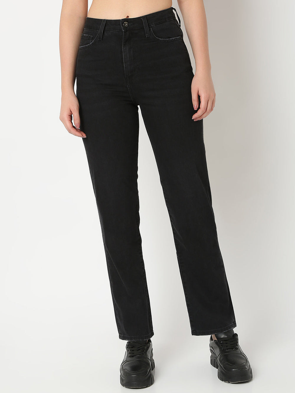 Spykar ladies western jeans in black with classic fit, visible belt loops, front pockets, and stylish stitching.
