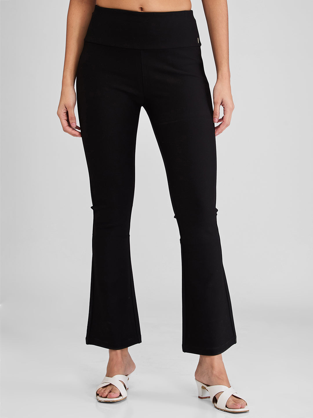 Women Black Boot Cut Fit High Rise Knit Trackpants