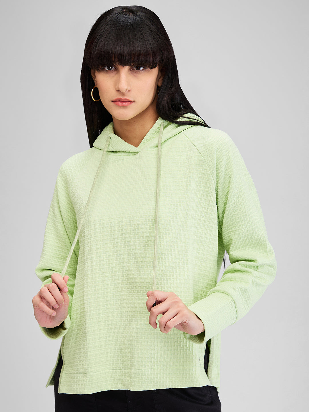 Women Green Full Sleeves Oversize Fit Solid Sweat Shirt