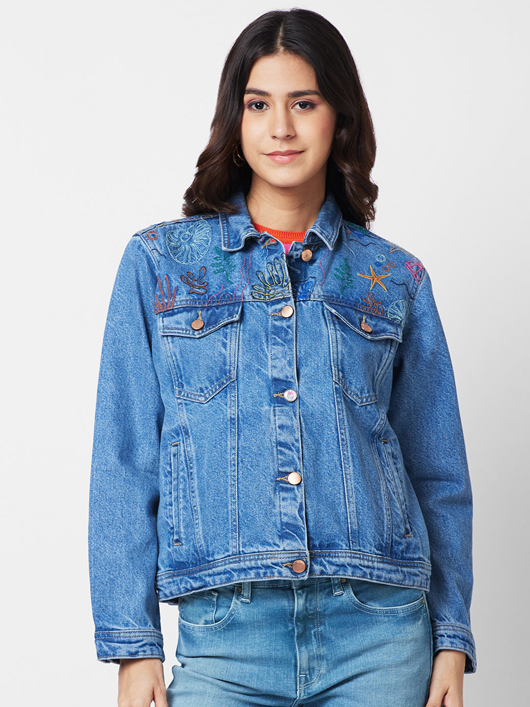 Women Washed Cotton Denim Jacket With Embroidered