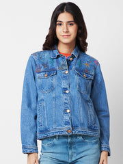 Women Washed Cotton Denim Jacket With Embroidered