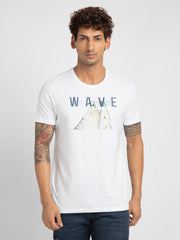 Men White Cotton Slim Fit Printed Round Neck T-Shirt