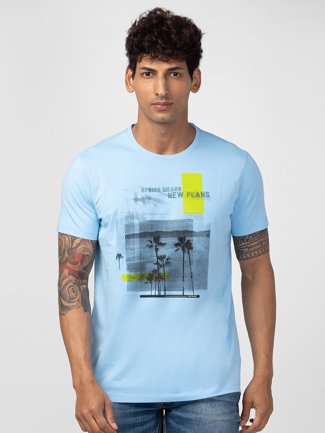 Men Powder Blue Cotton Regular Fit Half Sleeve Printed T-Shirt