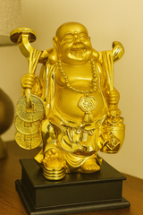 Golden Happy Laughing Buddha Statue with Ruyi & Coins