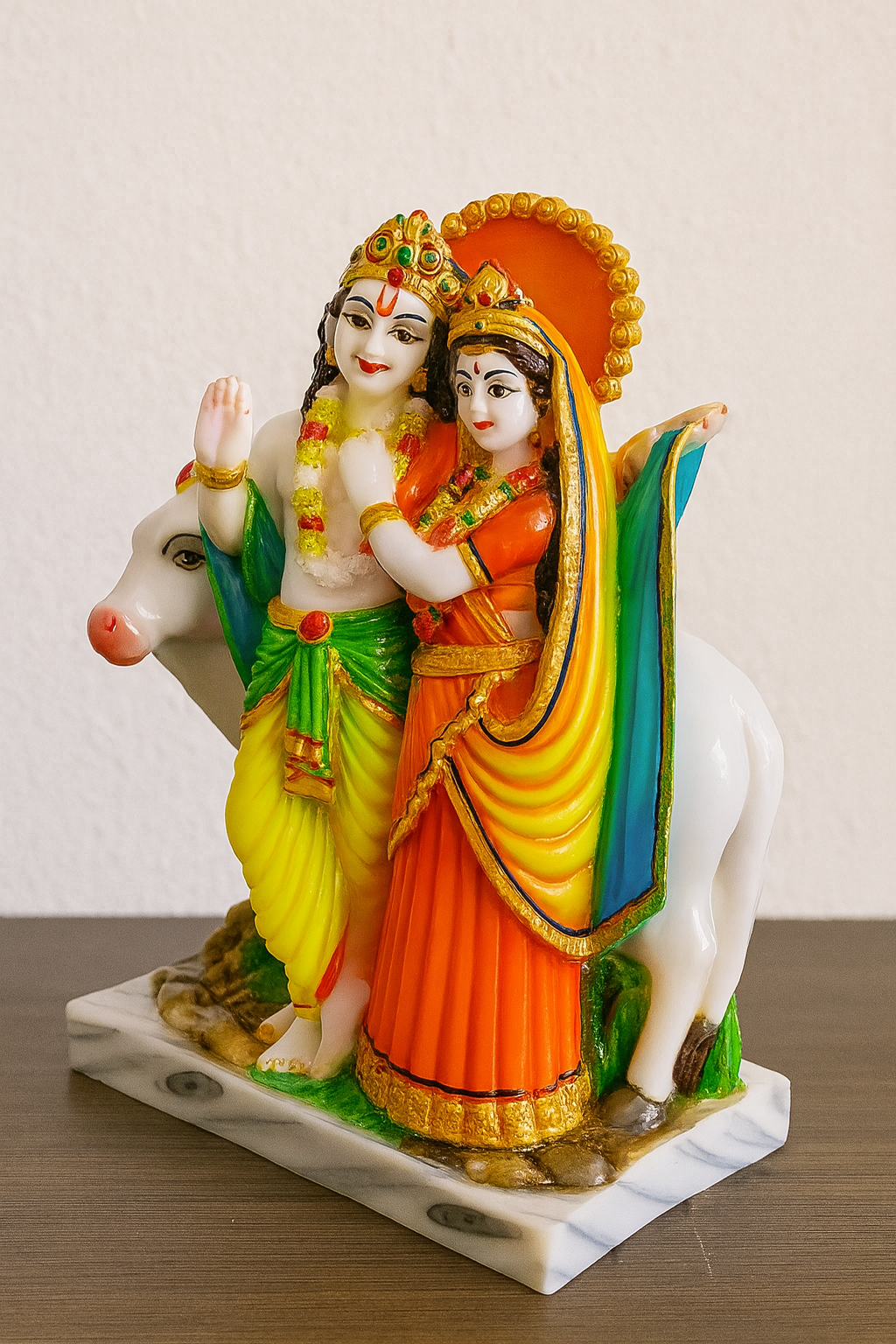 Blissful Radha Krishna Statue With Kamadhenu Cow
