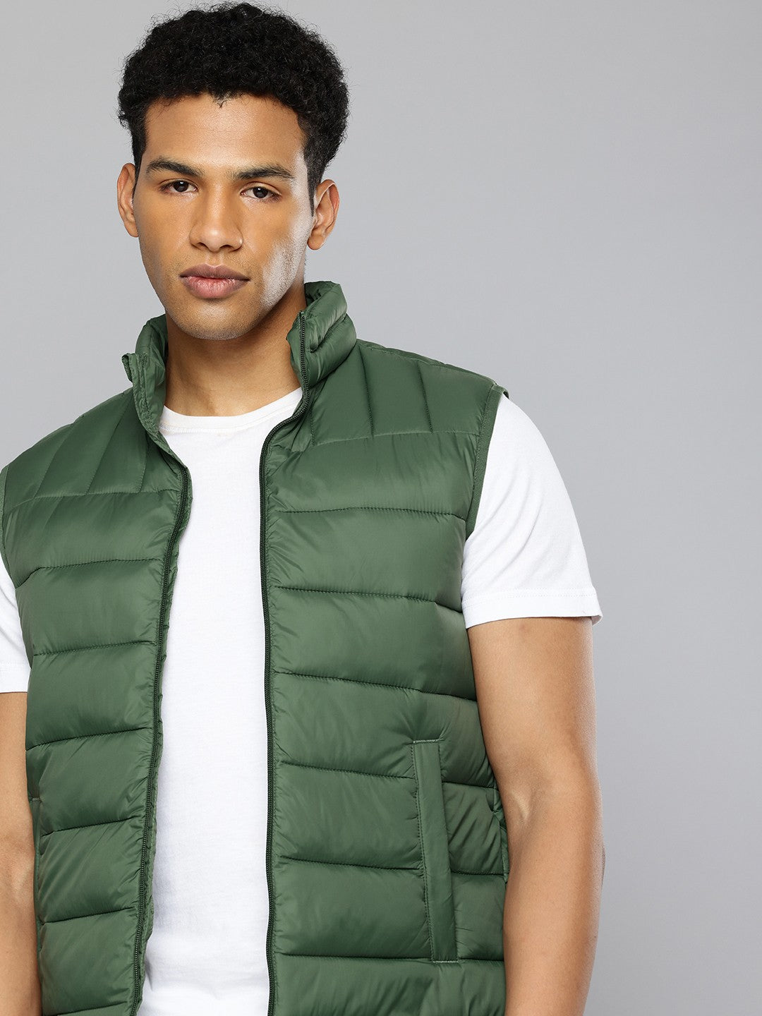 Men'S Quilted Green High Neck Puffer Jacket