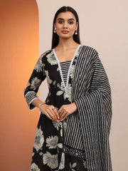 Black Printed Cotton A-line Suit Set With Dupatta