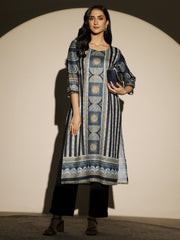 Blue printed cotton blend straight kurta for women, stylish Libas kurti with floral pattern and comfortable fit.
