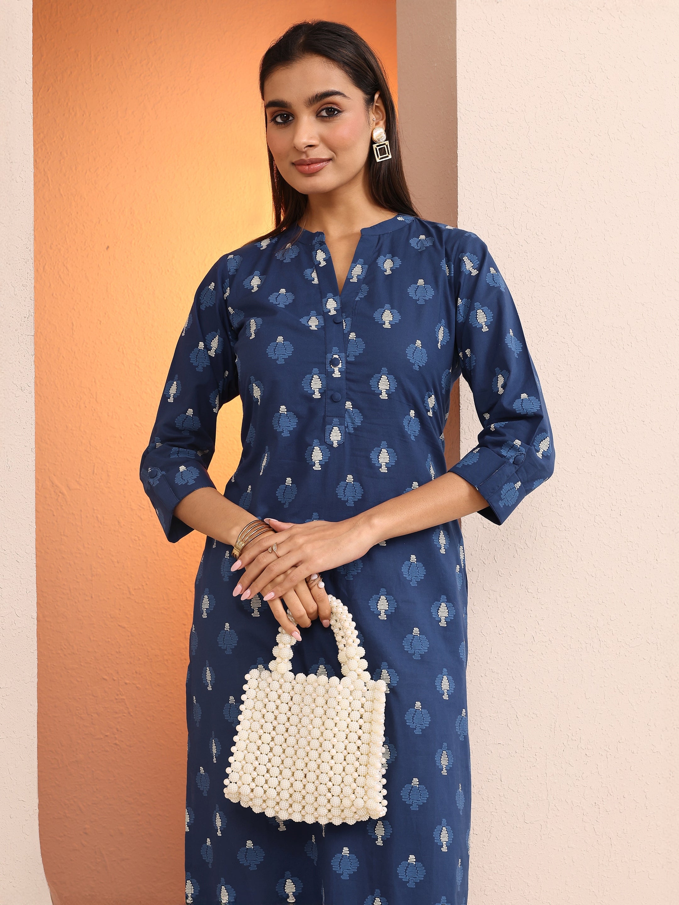 Libas ladies Western kurti in blue printed cotton, straight style, 1-piece traditional Indian top for women.
