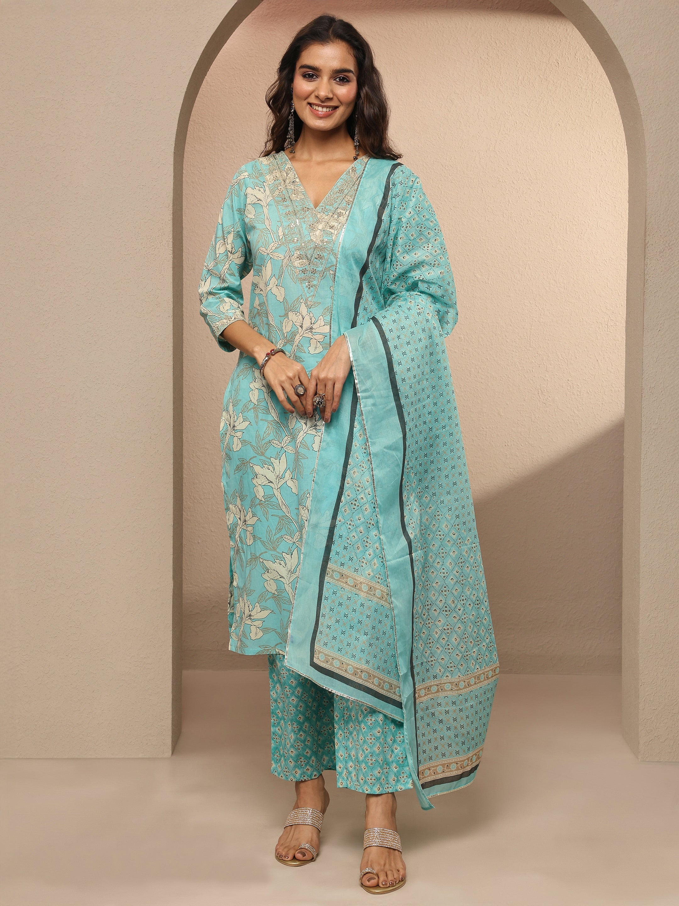 Blue printed cotton straight suit set with dupatta for ladies, includes kurti, pants, and matching dupatta by Libas.