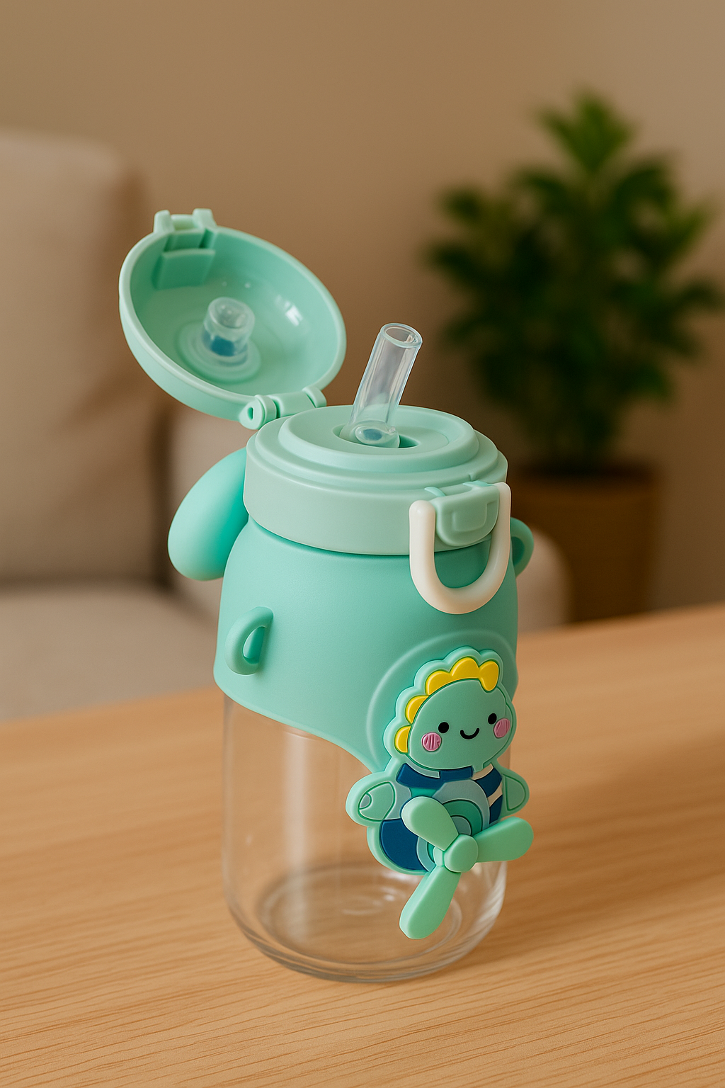 Cute Dinosaur Kids Sipper Bottle With Straw & Adjustable Strap – Leak-Proof Bpa-Free Water Bottle (Mint Green)