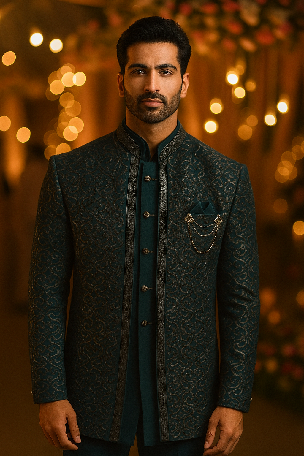 ?? Regal Teal Brocade Jodhpuri Suit/Achkan Set (3-Piece)