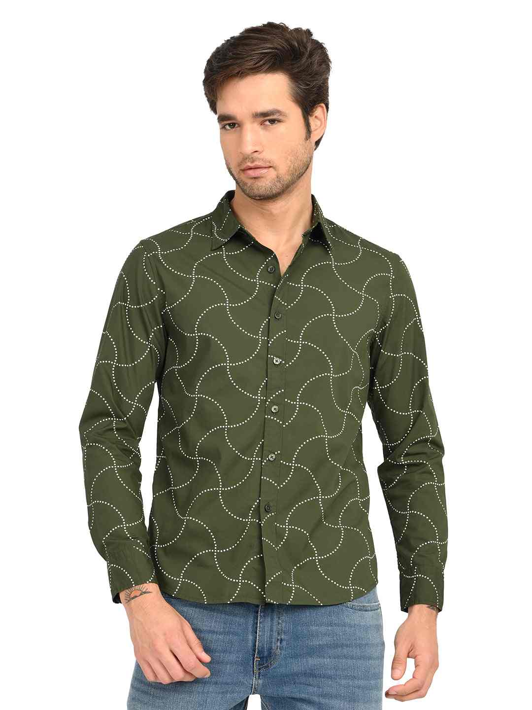 Men'S Abstract Olive Slim Fit Shirt