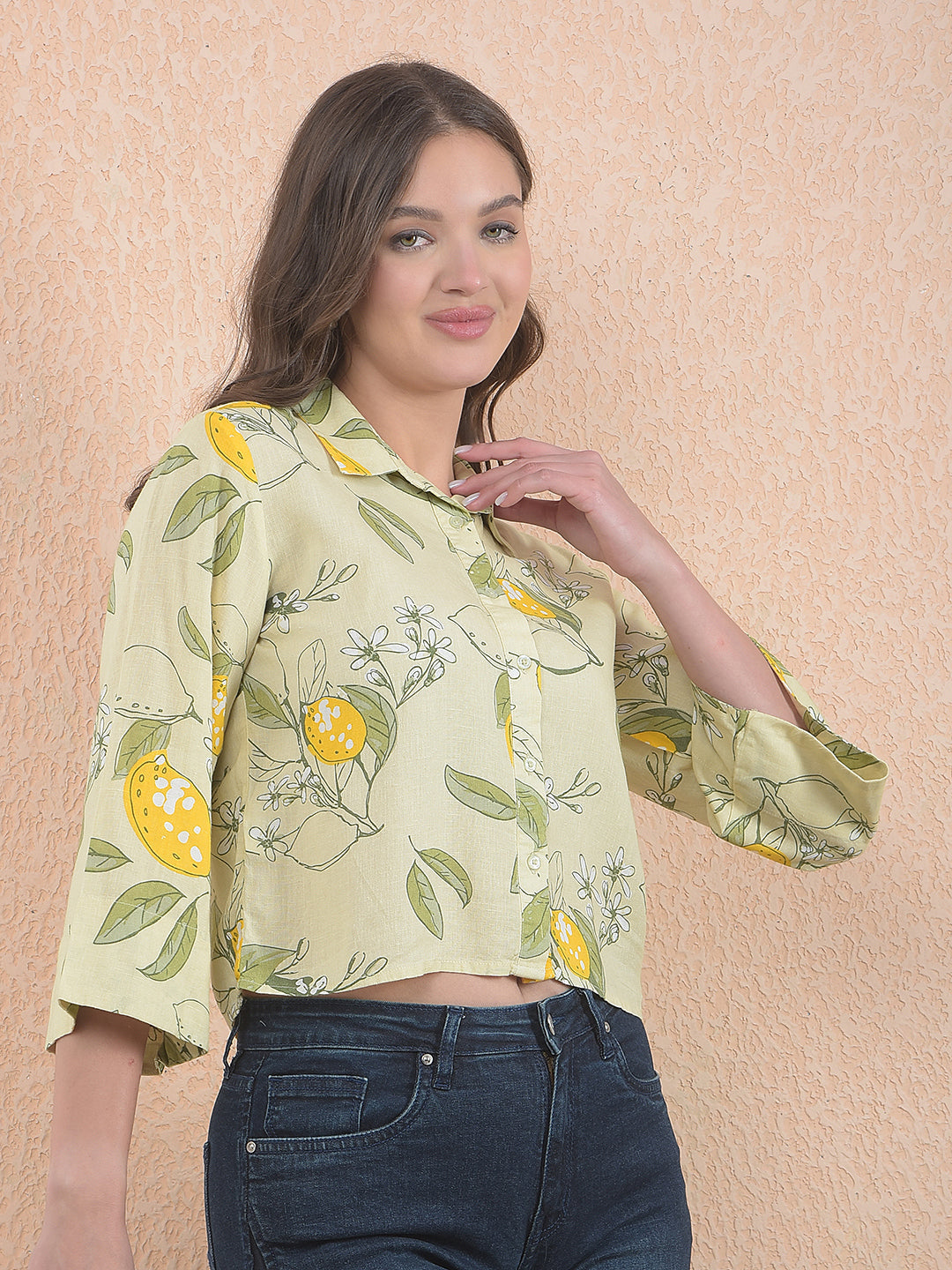 Printed Linen Yellow Crop Shirt With Extended Sleeves