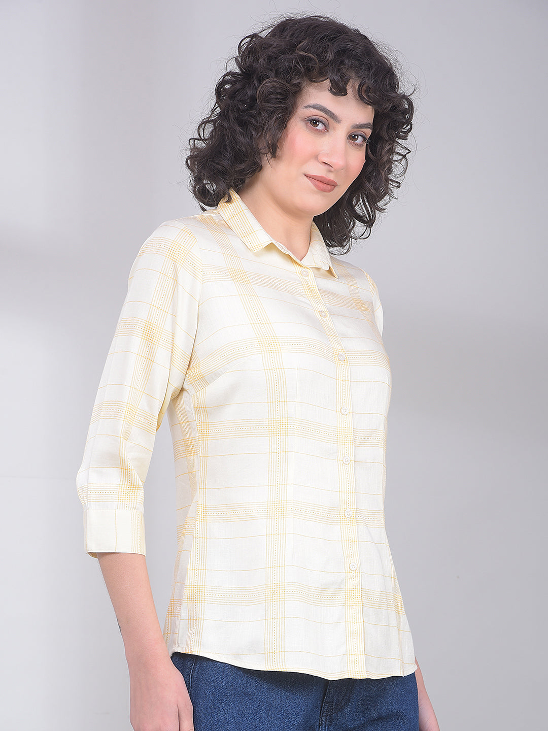 Crimsoune Club mustard checked ladies Western shirt with long sleeves and collar, styled for casual wear.