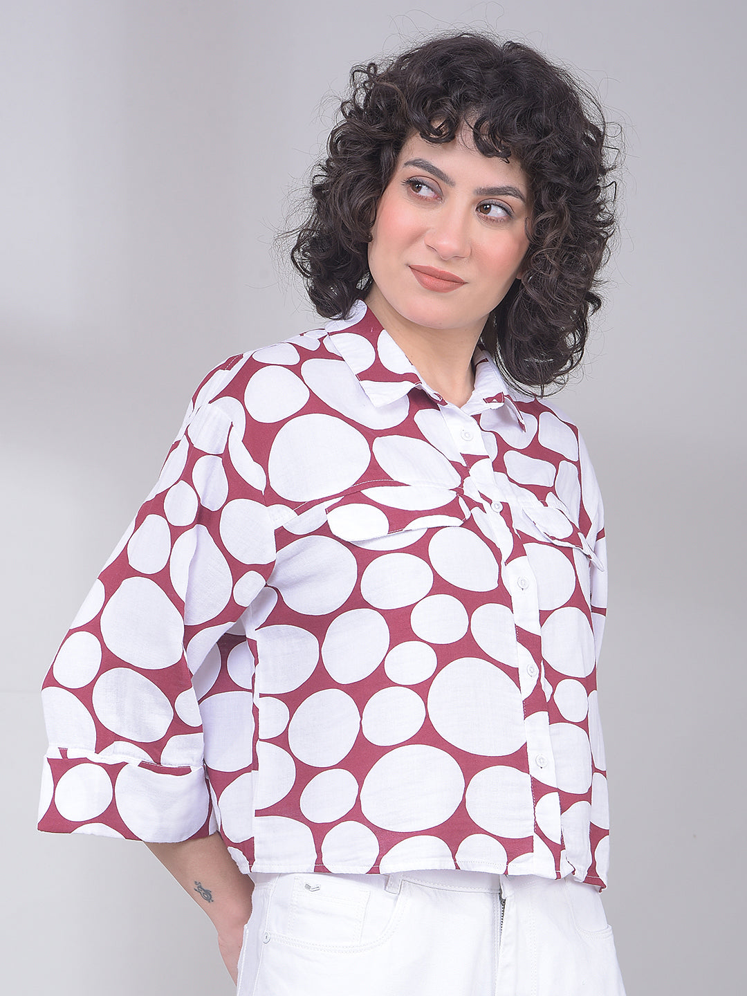 Maroon printed 100% cotton ladies western shirt with long sleeves, featuring a stylish design from Crimsoune Club.
