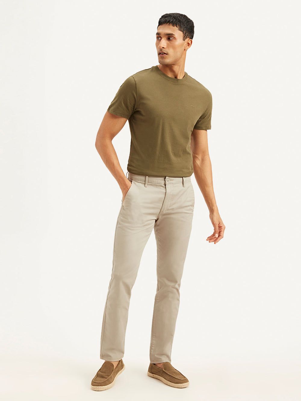 Levi's men's beige slim fit chinos, casual trousers, showing front view with pockets and belt loops, slim tailored fit.