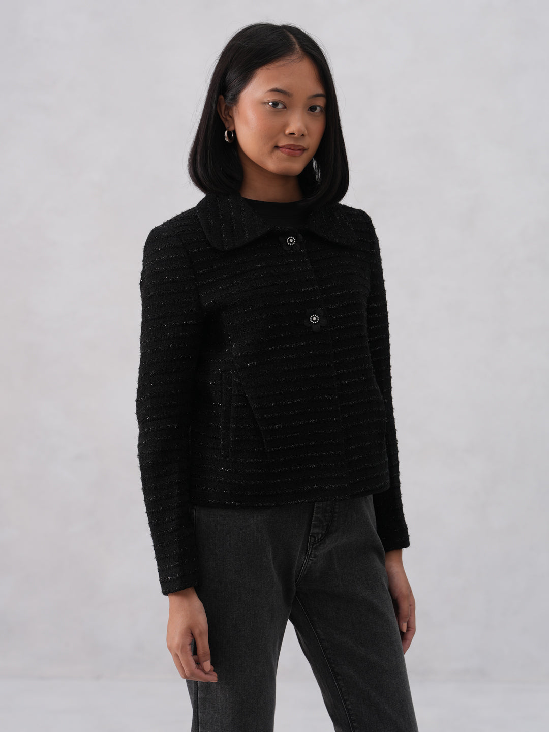 Midnight Textured Black Jacquard Coat