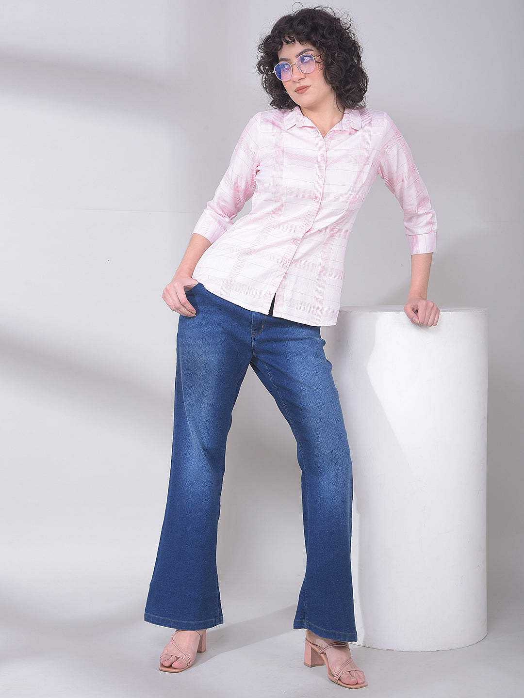 Crimsoune Club pink checked ladies Western shirt with long sleeves and classic collar, casual and stylish for everyday wear.