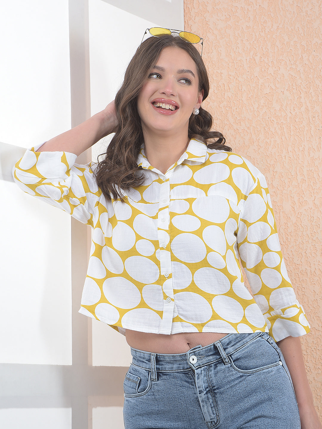 Printed 100% Cotton Yellow Crop Shirt With Extended Sleeves