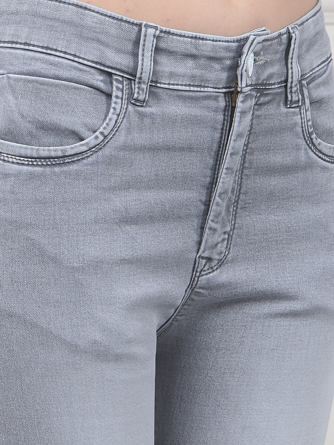 Grey Crimsoune Club ladies Western jeans, slim fit style, with classic five-pocket design and belt loops, worn by a model.