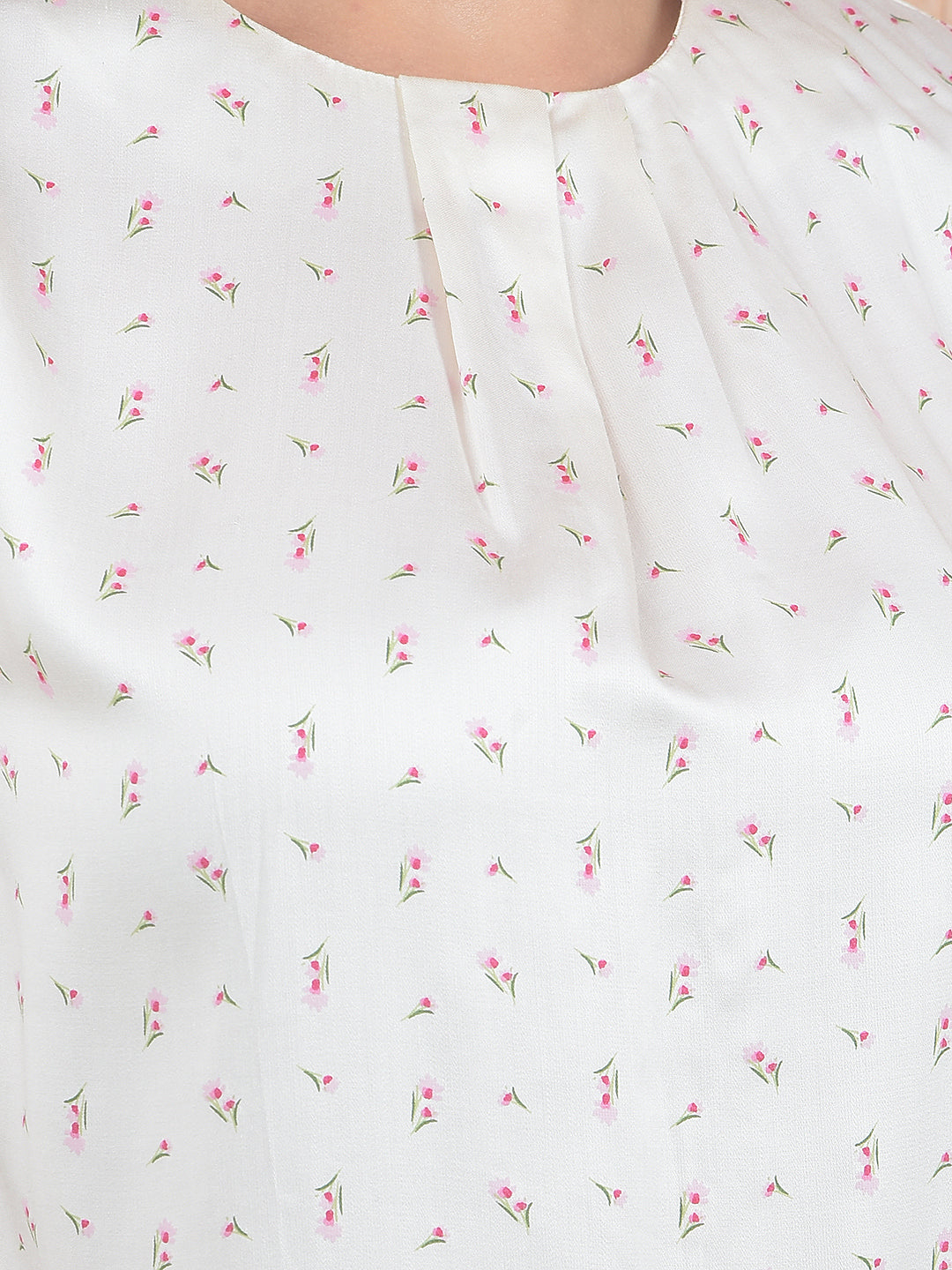 White floral print sleeveless modal top for women, casual ladies Western upper wear by Crimsoune Club, shown with a relaxed fit.