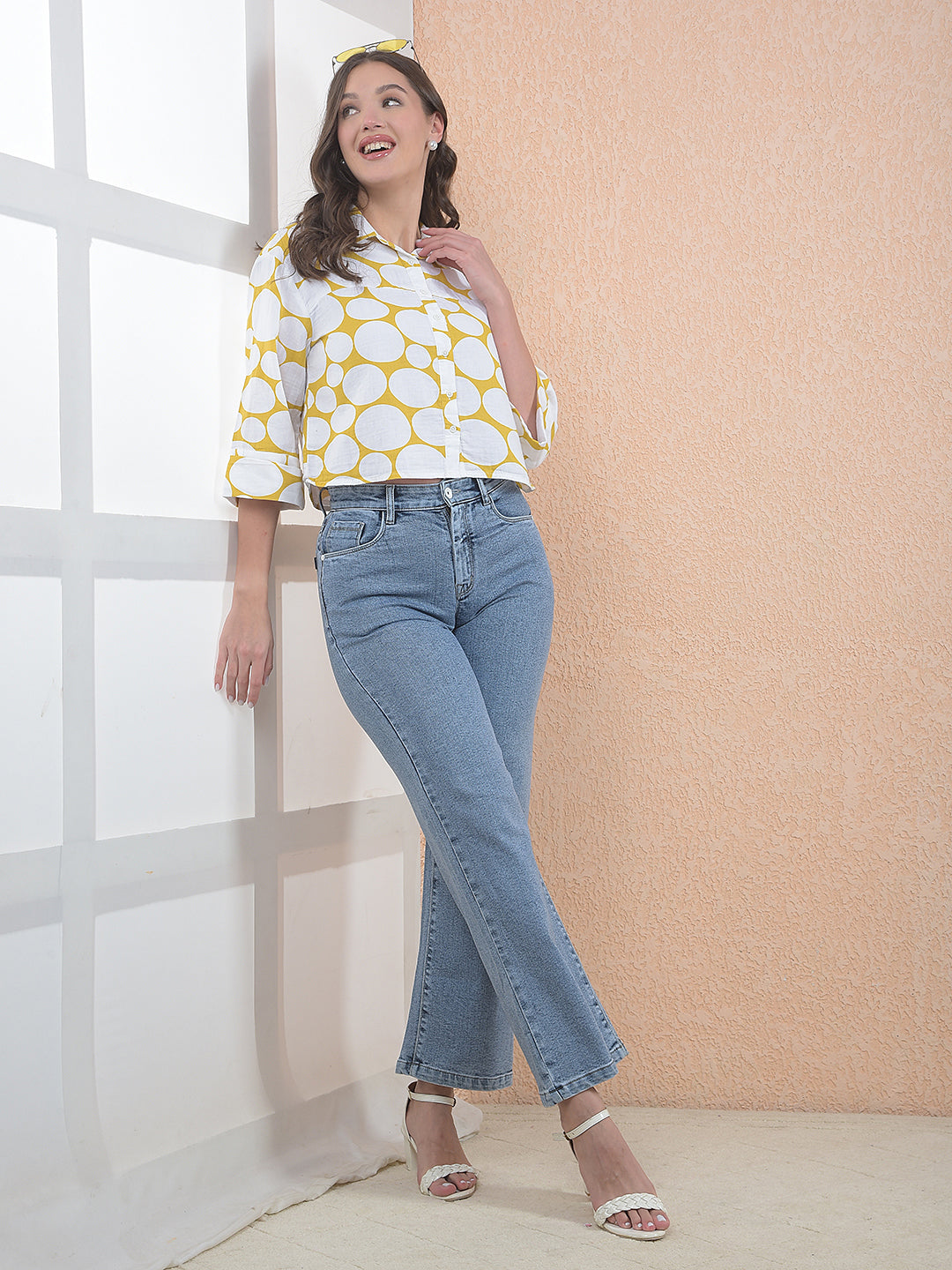Printed 100% Cotton Yellow Crop Shirt With Extended Sleeves