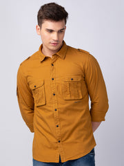 Men Camel Khaki Cotton Regular Slim Fit Plain Shirt
