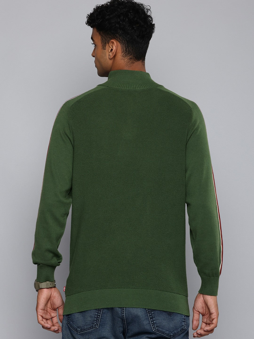 Men'S Striped Green High Neck Sweater
