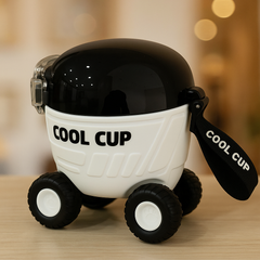 Cool Cup Car-Shaped Sipper Bottle With Wheels & Straw – Bpa-Free Leak-Proof Kids Cup (White & Black)