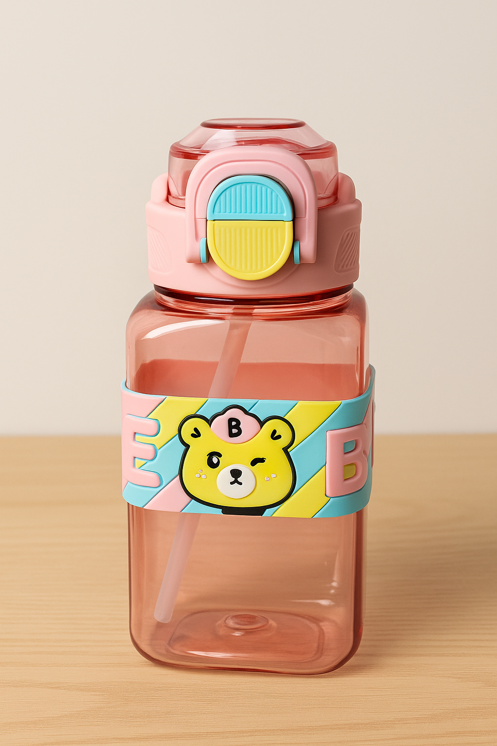 Cute Bear Kids Water Bottle With Straw & Flip-Top Lid – Bpa-Free Leak-Proof Sipper Bottle (Pink)