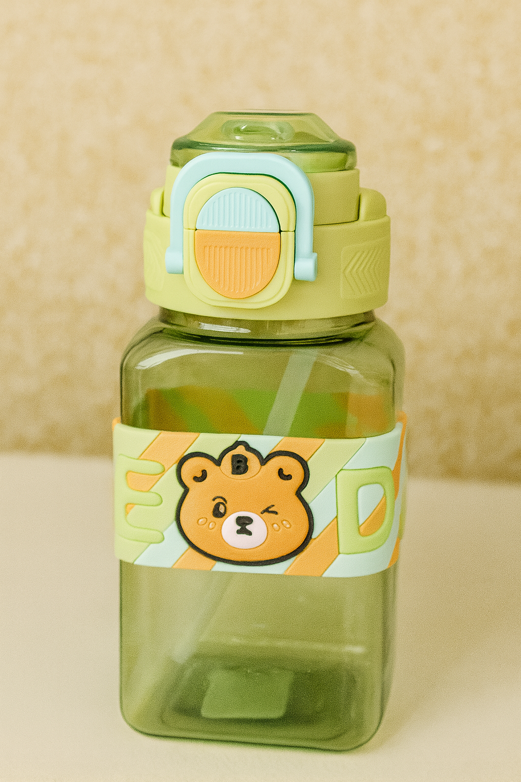 Cute Bear Design Kids Water Bottle With Straw – Leak-Proof Bpa-Free Bottle (Green & Orange)