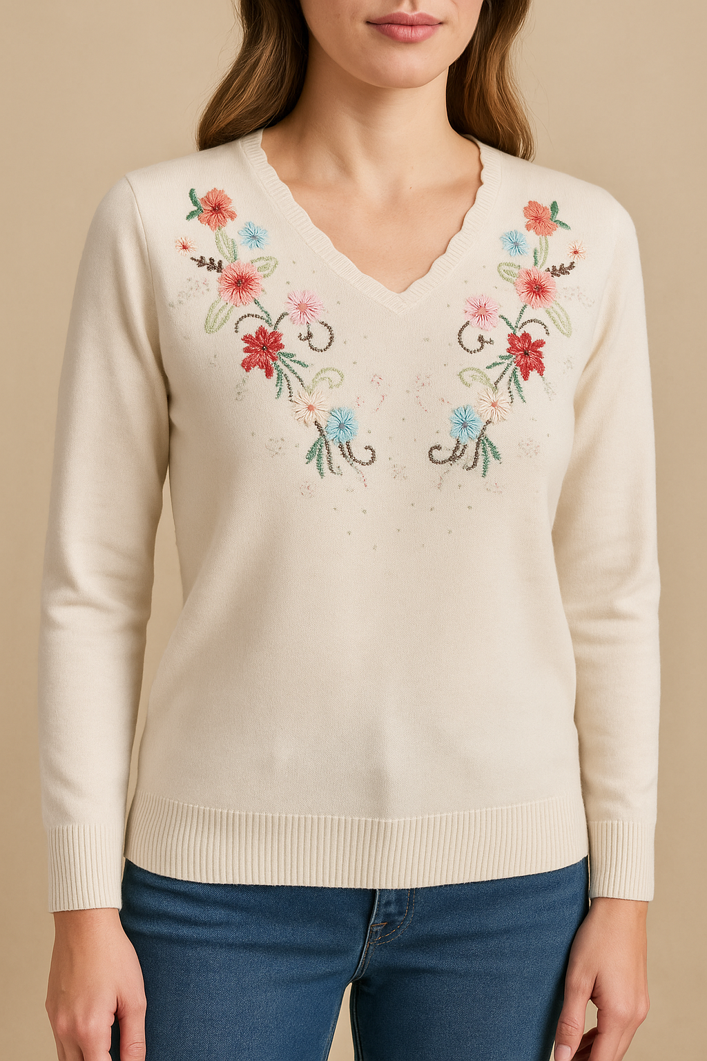 Women’S Cream Floral Embroidered Sweater