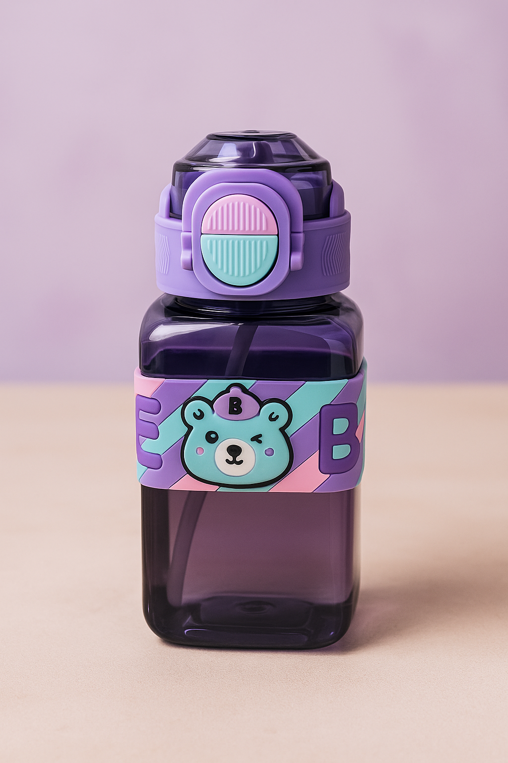 Cute Bear Kids Water Bottle With Straw & Carry Strap – Bpa-Free Leak-Proof Sipper Bottle (Purple)