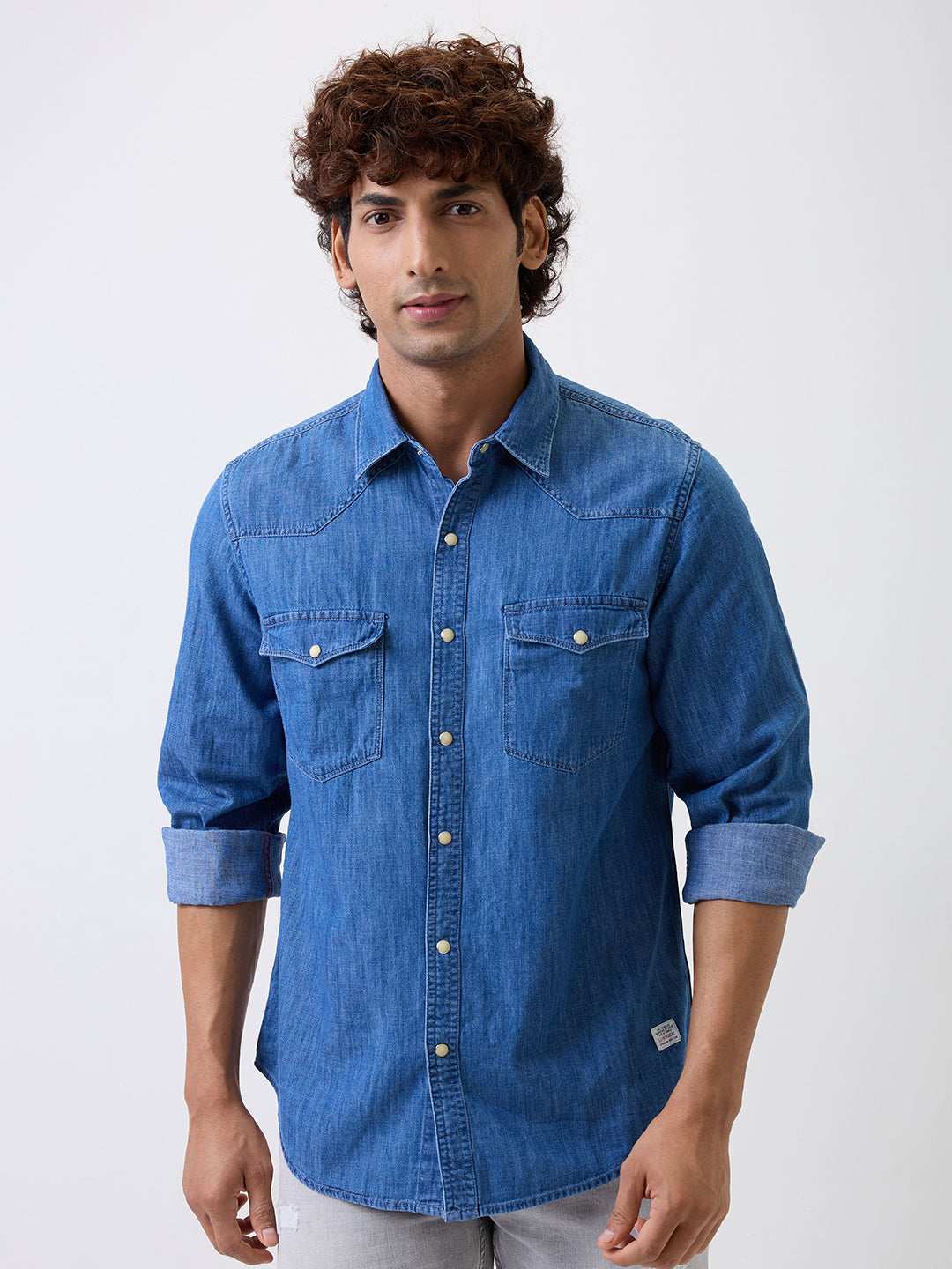 Spykar Mens Casual Shirt H/S Mshd1Be205 Mid Blue