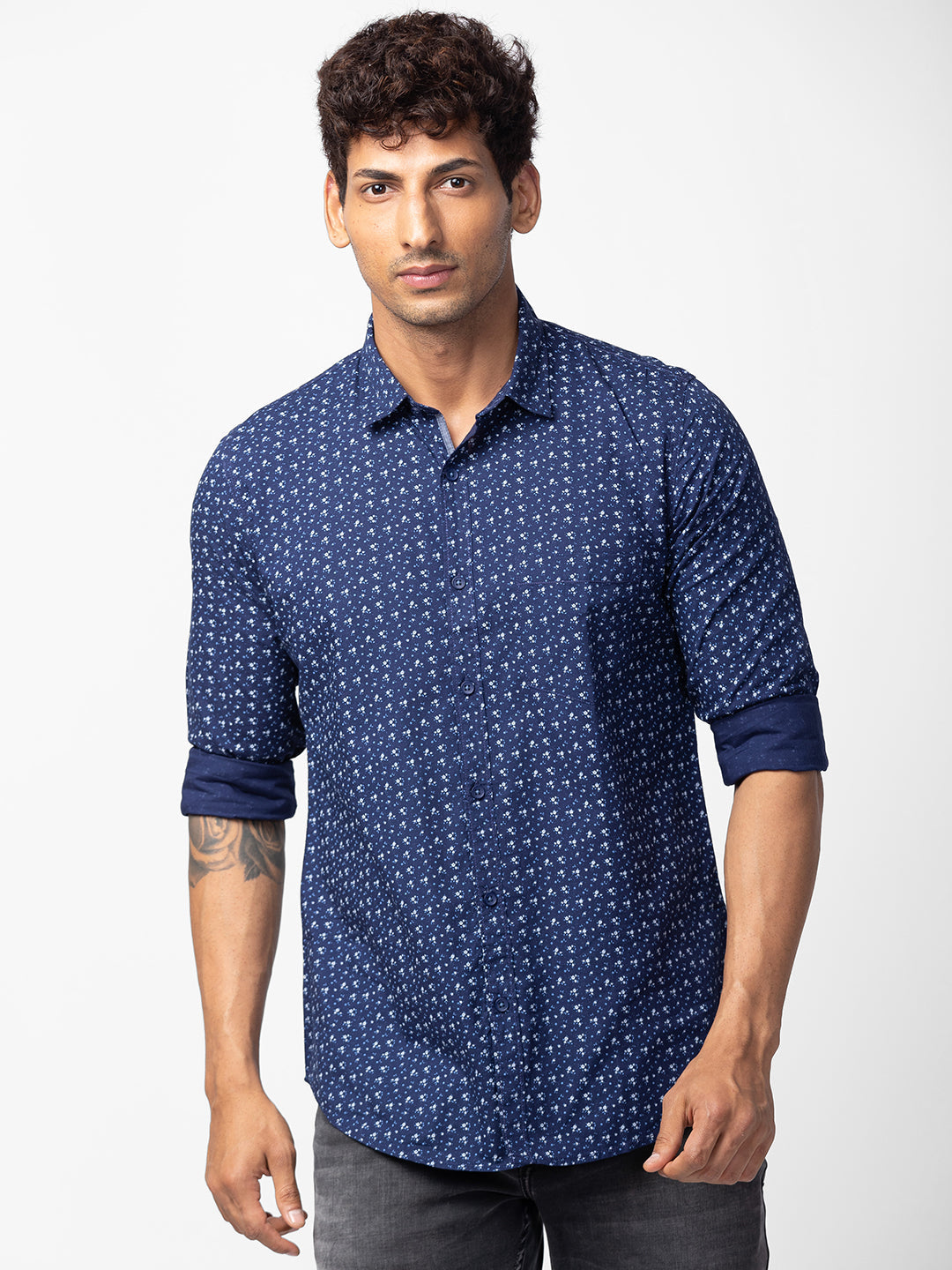 Men Navy Blue Cotton Slim Fit Printed Shirt