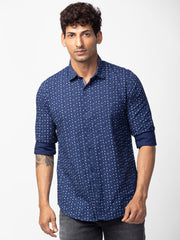 Men Navy Blue Cotton Slim Fit Printed Shirt