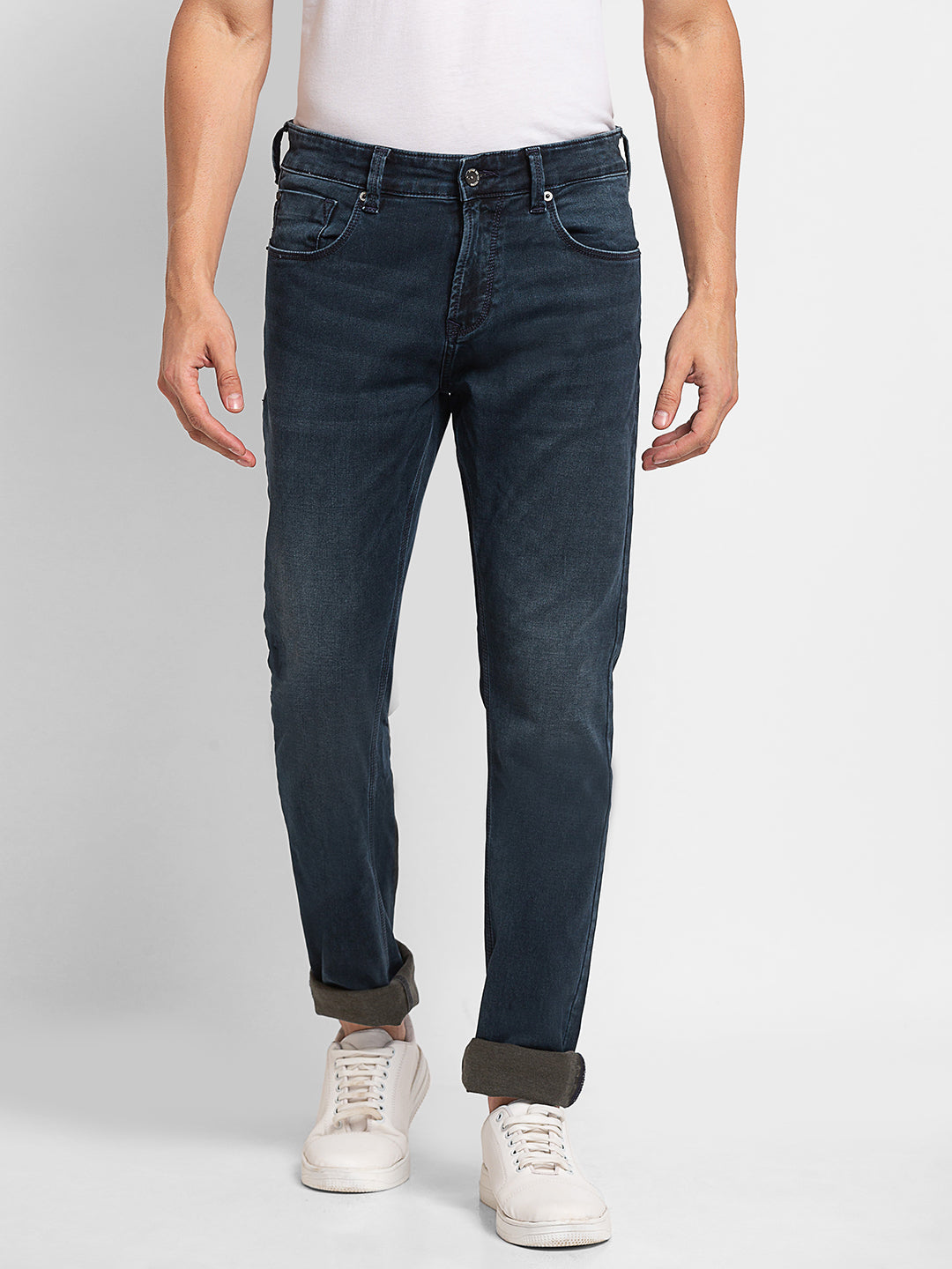 Men Dark Blue Cotton Regular Fit Narrow Length Jeans (Rover)
