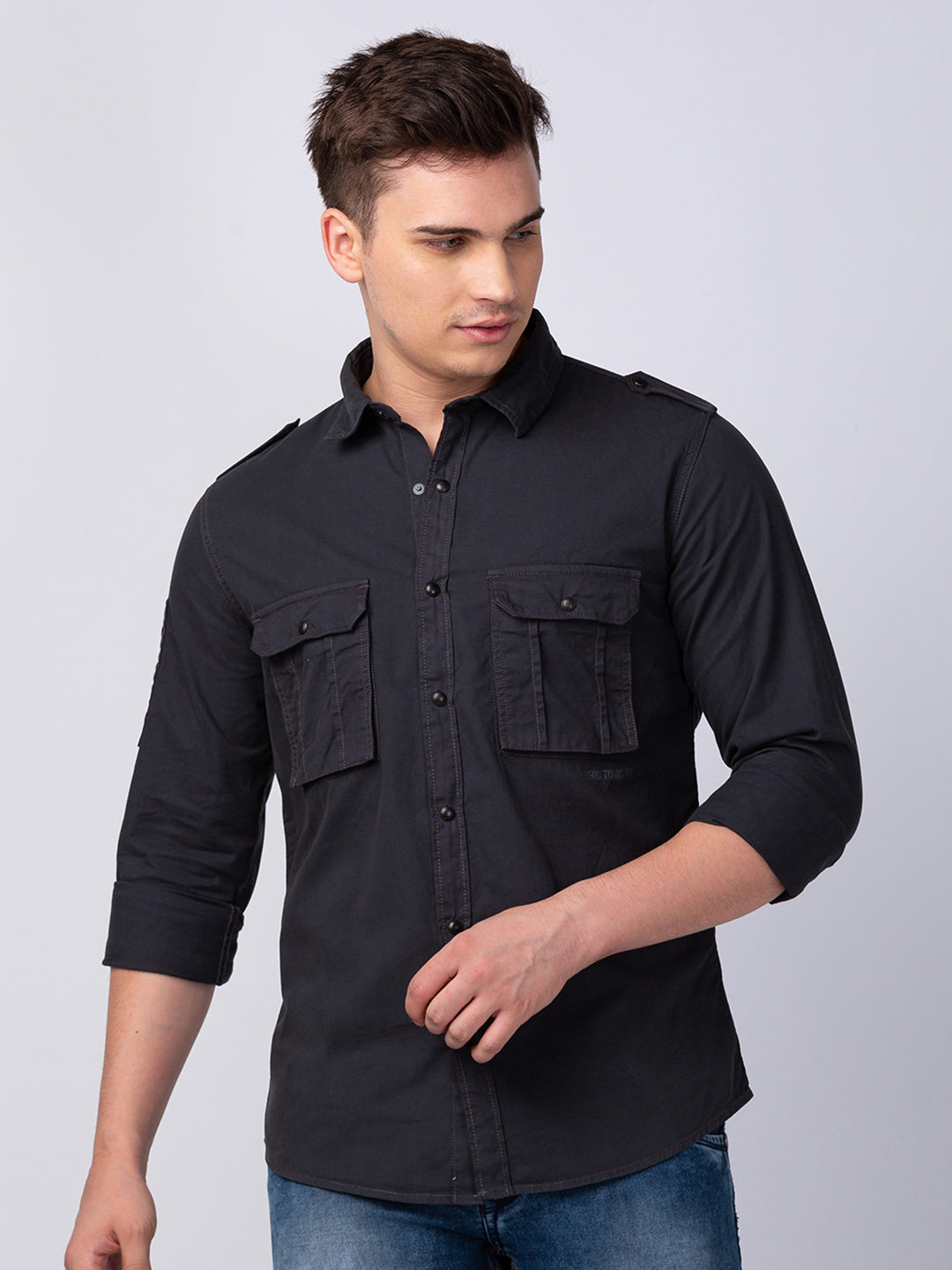 Men Charcoal Grey Cotton Regular Slim Fit Plain Shirt
