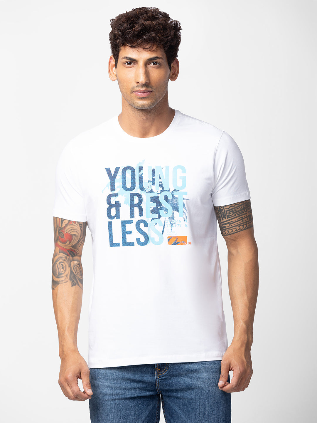 Men White Cotton Regular Fit Half Sleeve Printed T-Shirt