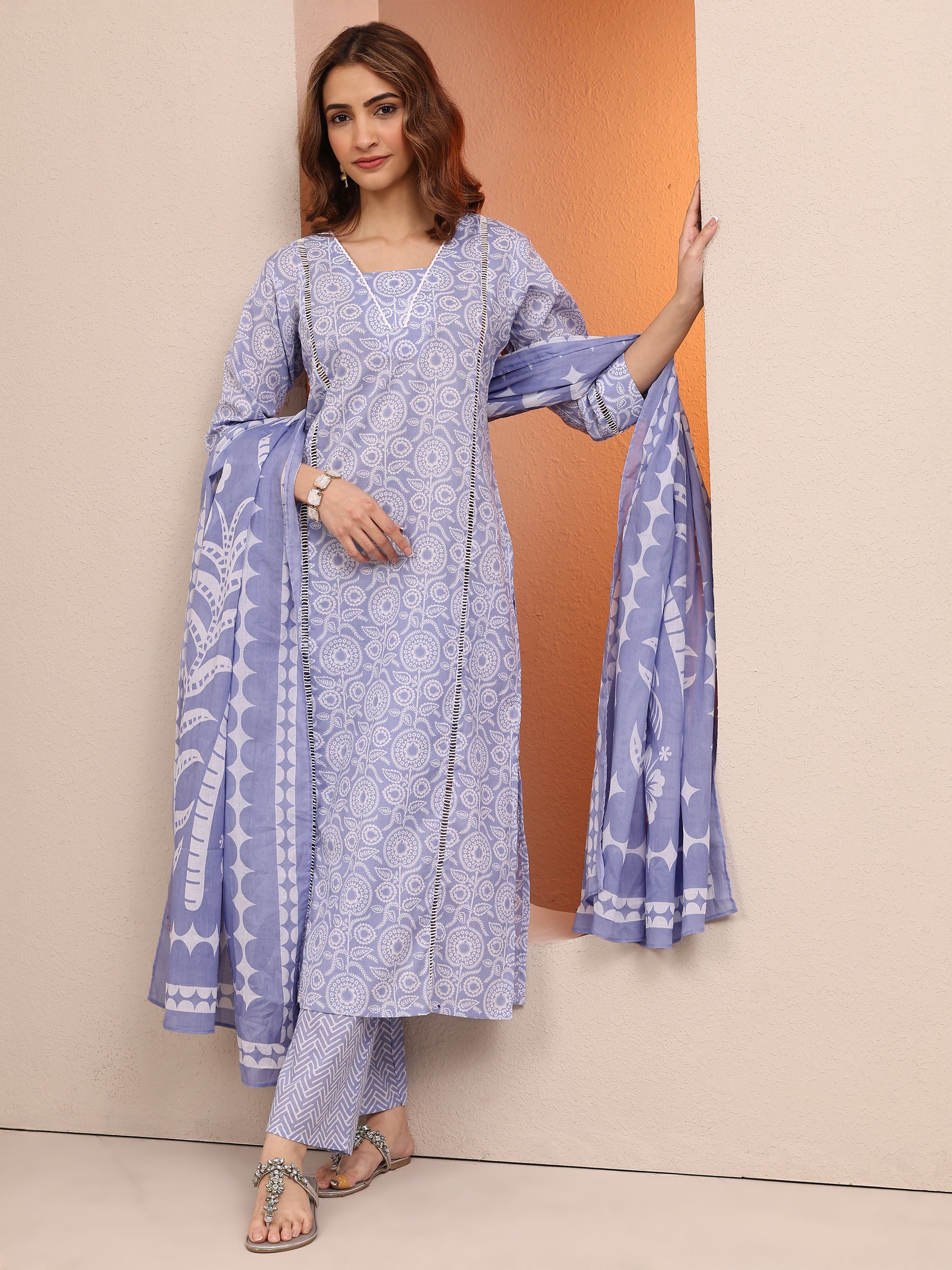 Lavender Printed Cotton Straight Suit Set With Dupatta