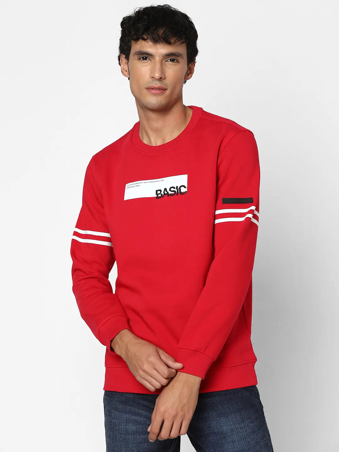 Men True Red Blended Slim Fit Full Sleeve Round Neck Printed Casual Sweatshirts