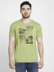 Men Dusty Pista Green Cotton Slim Fit Printed Round Neck Tshirt